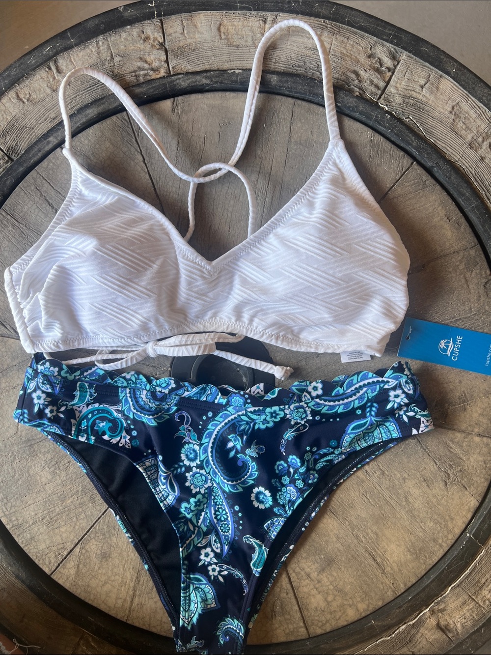 Women’s Two-Piece Swim Set - White Top & Navy Paisley Bottom Medium B1